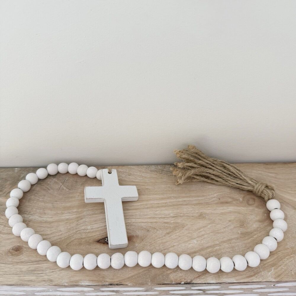 Cross And Tassel White Wooden Bead Garland 24”